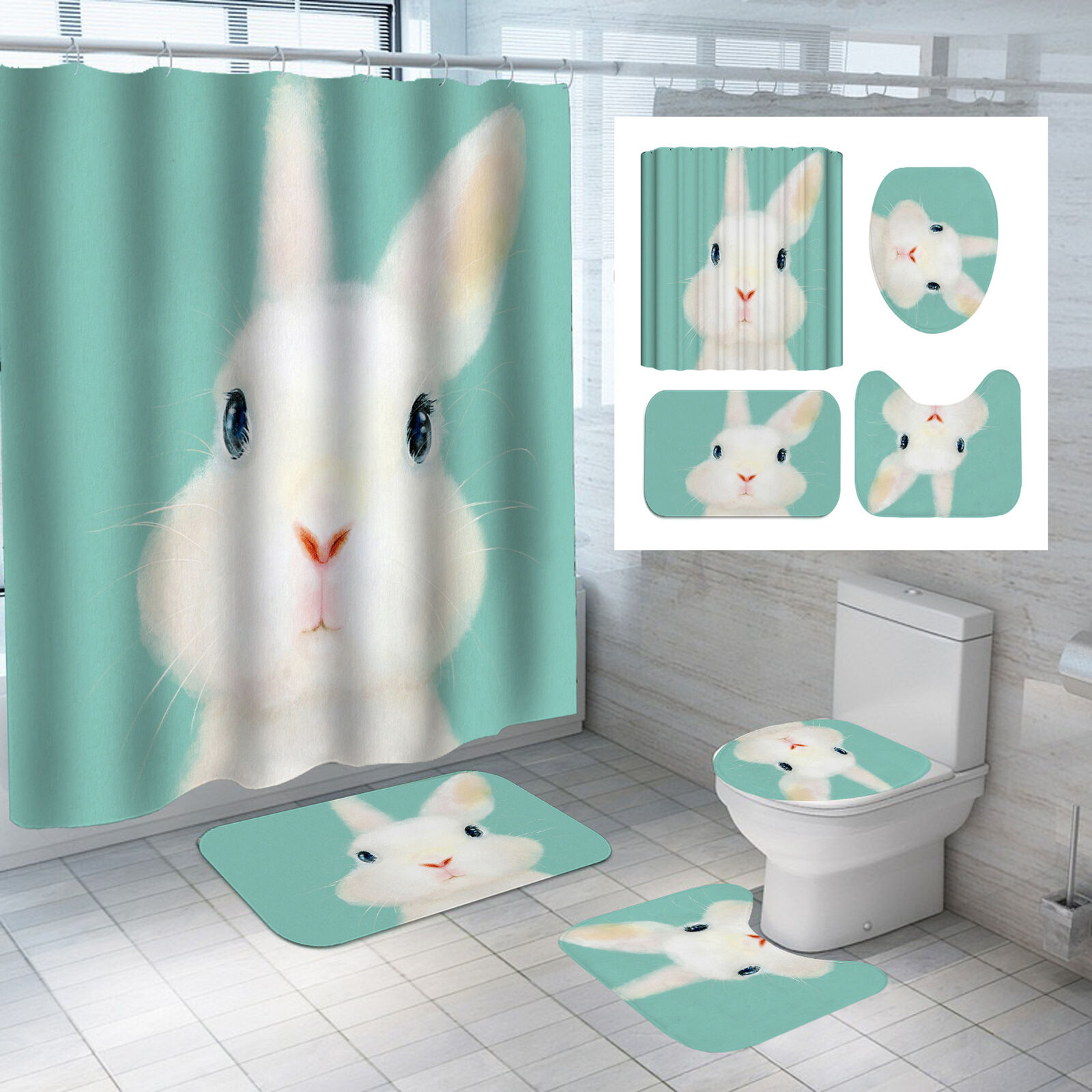 Cartoon Easter Bunny Rabbit Waterproof Shower Curtain Set