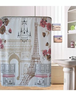 Cartoon Eiffel Tower Design Bathroom Waterproof Fabric Shower Curtain 