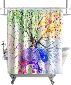 Cartoon Elephant Life Of Tree Colorful Shower Curtain For A Bohemian Bathroom Theme