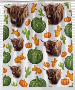 Cartoon Farm Highland Cattle Shower Curtain with Pumpkin and Cactus Bathroom Decor
