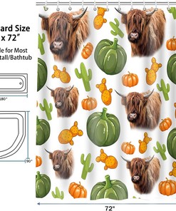 Cartoon Farm Highland Cattle Shower Curtain with Pumpkin and Cactus Bathroom Decor