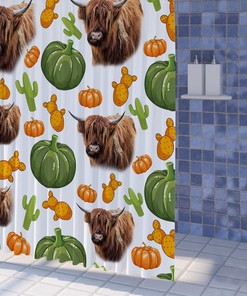 Cartoon Farm Highland Cattle Shower Curtain with Pumpkin and Cactus Bathroom Decor