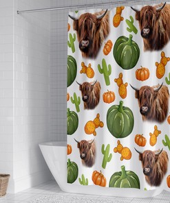 Cartoon Farm Highland Cattle Shower Curtain with Pumpkin and Cactus Bathroom Decor