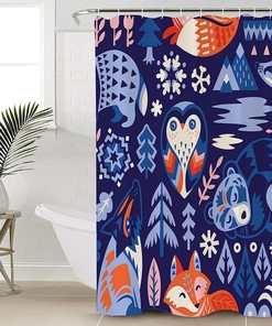 Cartoon Forest Owl and Fox on Tree Print Shower Curtain for Bathroom Decor