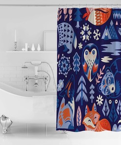 Cartoon Forest Owl and Fox on Tree Print Shower Curtain for Bathroom Decor