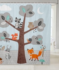 Cartoon Fox Owl Squirrel Snail Shower Curtain With Trees Mushroom Leaves, Cute Animal Bathroom Decor