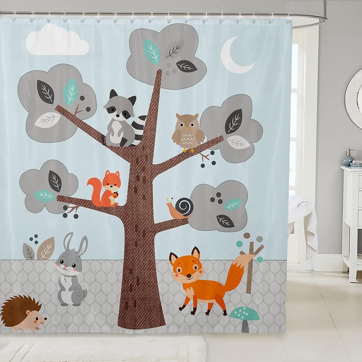 Cartoon Fox Owl Squirrel Snail Shower Curtain With Trees Mushroom Leaves, Cute Animal Bathroom Decor