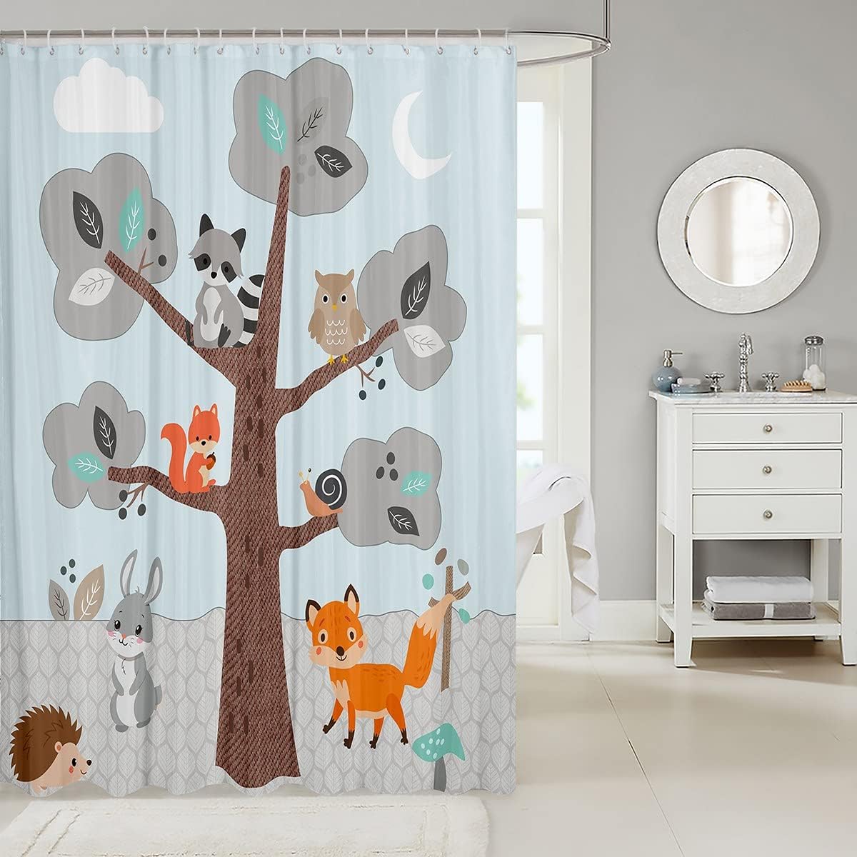 Cartoon Fox Owl Squirrel Snail Shower Curtain With Trees Mushroom Leaves, Cute Animal Bathroom Decor - Image 2