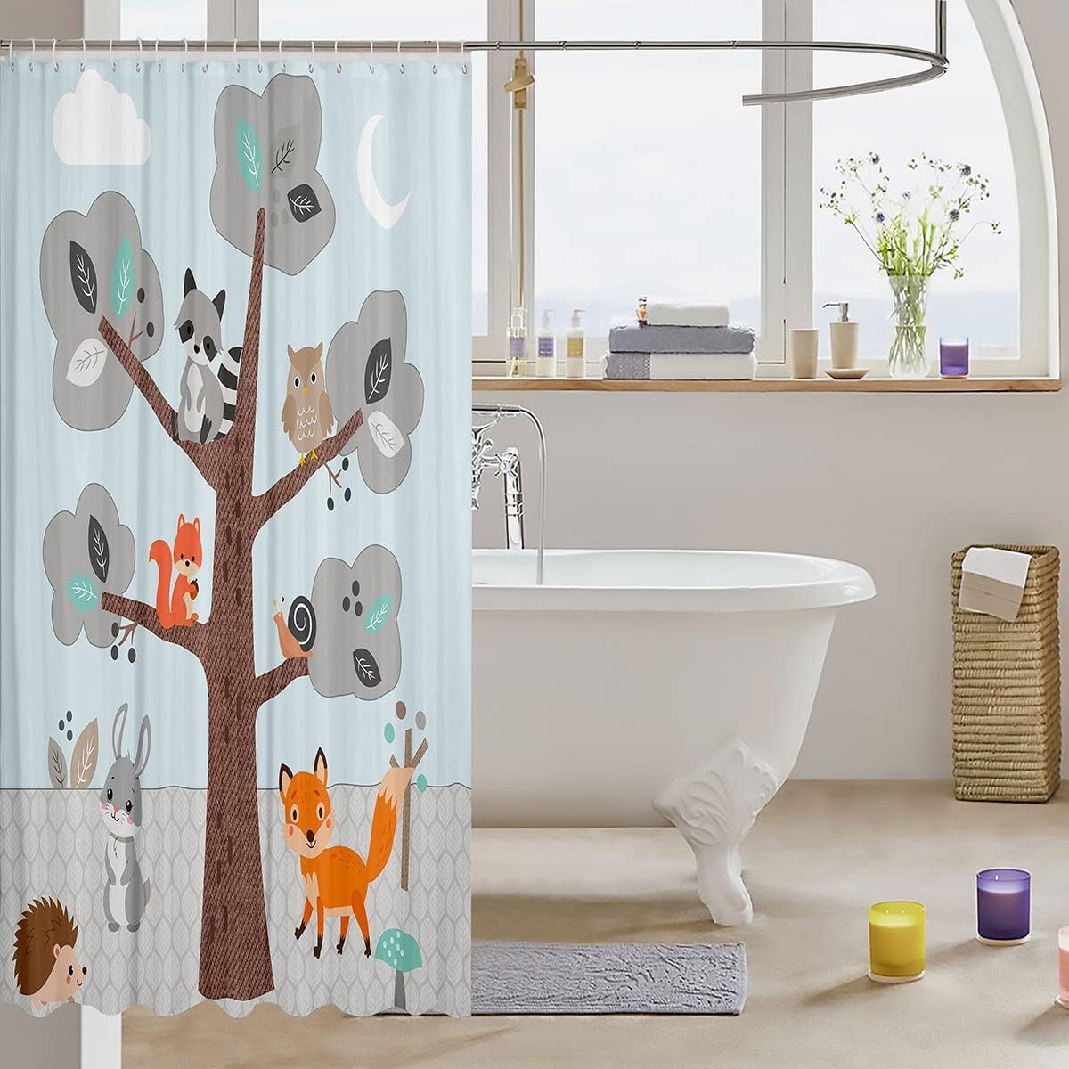 Cartoon Fox Owl Squirrel Snail Shower Curtain With Trees Mushroom Leaves, Cute Animal Bathroom Decor - Image 3