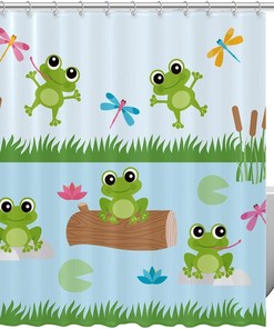 Cartoon Frog Playing Dragonfly Grass River Shower Curtain Heavy Duty Waterproof Hotel Bathroom Curtain