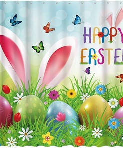 Cartoon Funny Rabbit Easter Shower Curtain With Colorful Eggs And Butterfly Decor By Allenjoy