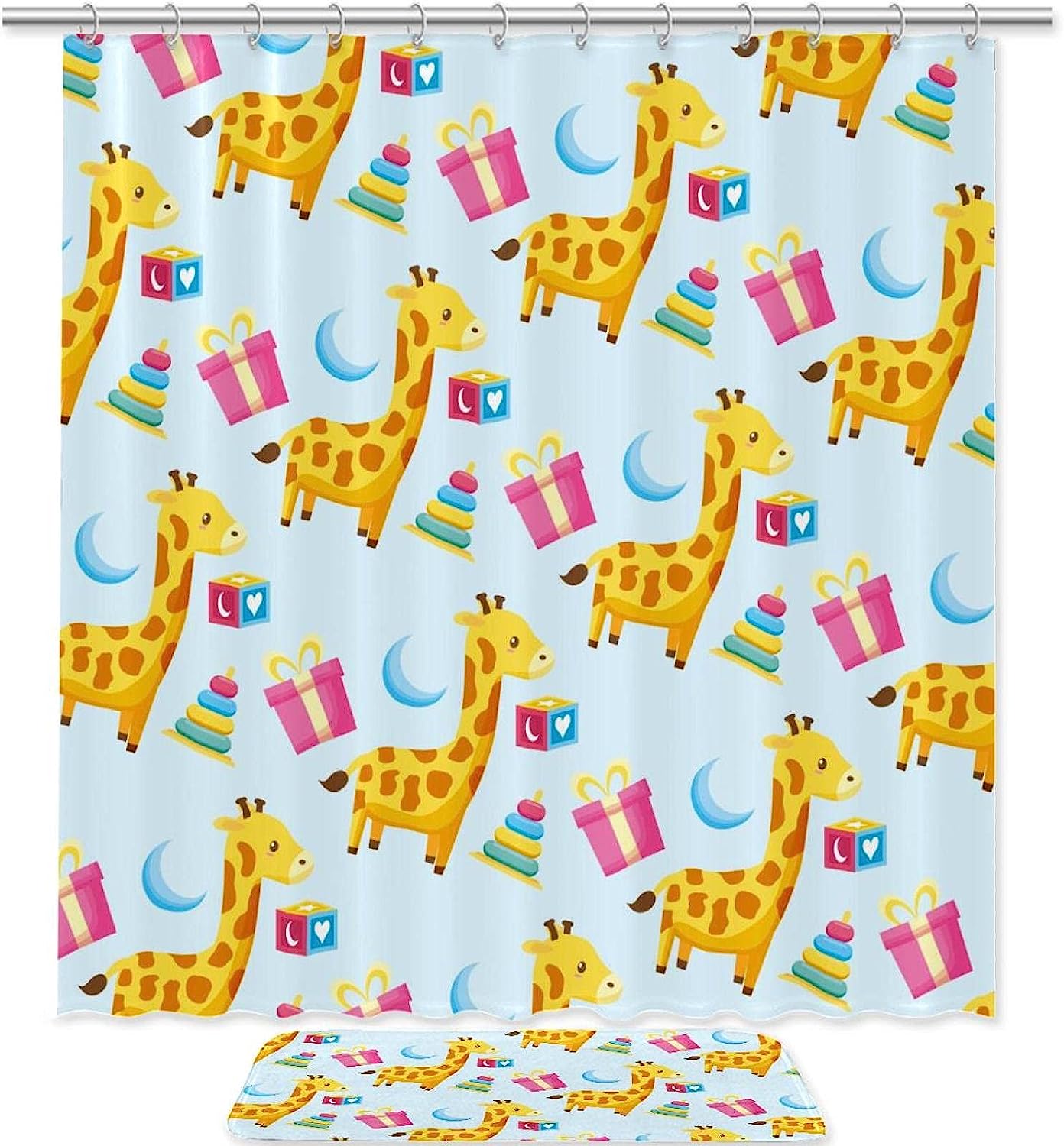 Cartoon Giraffe Gift Moon Cake Pattern Kids Bathroom Shower Curtain
