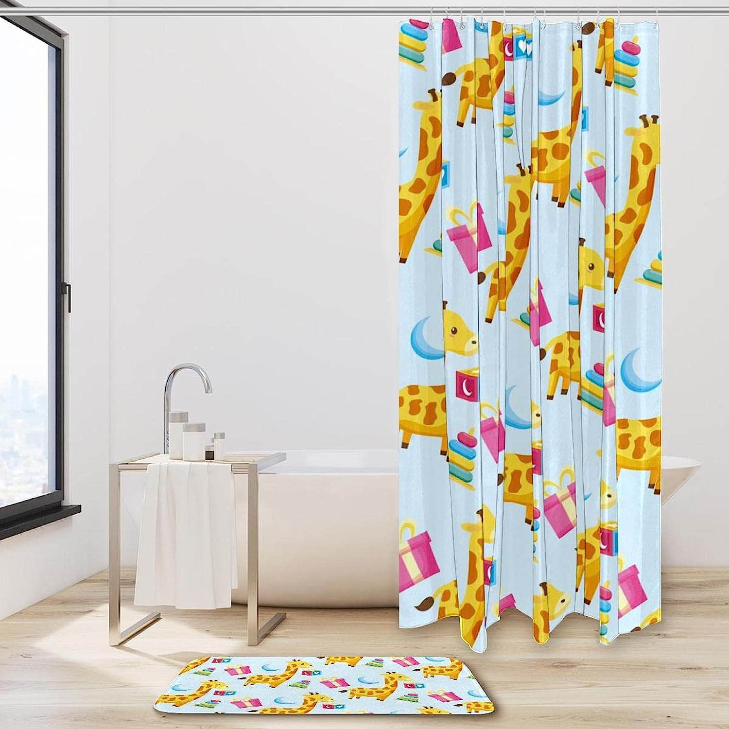 Cartoon Giraffe Gift Moon Cake Pattern Kids Bathroom Shower Curtain
