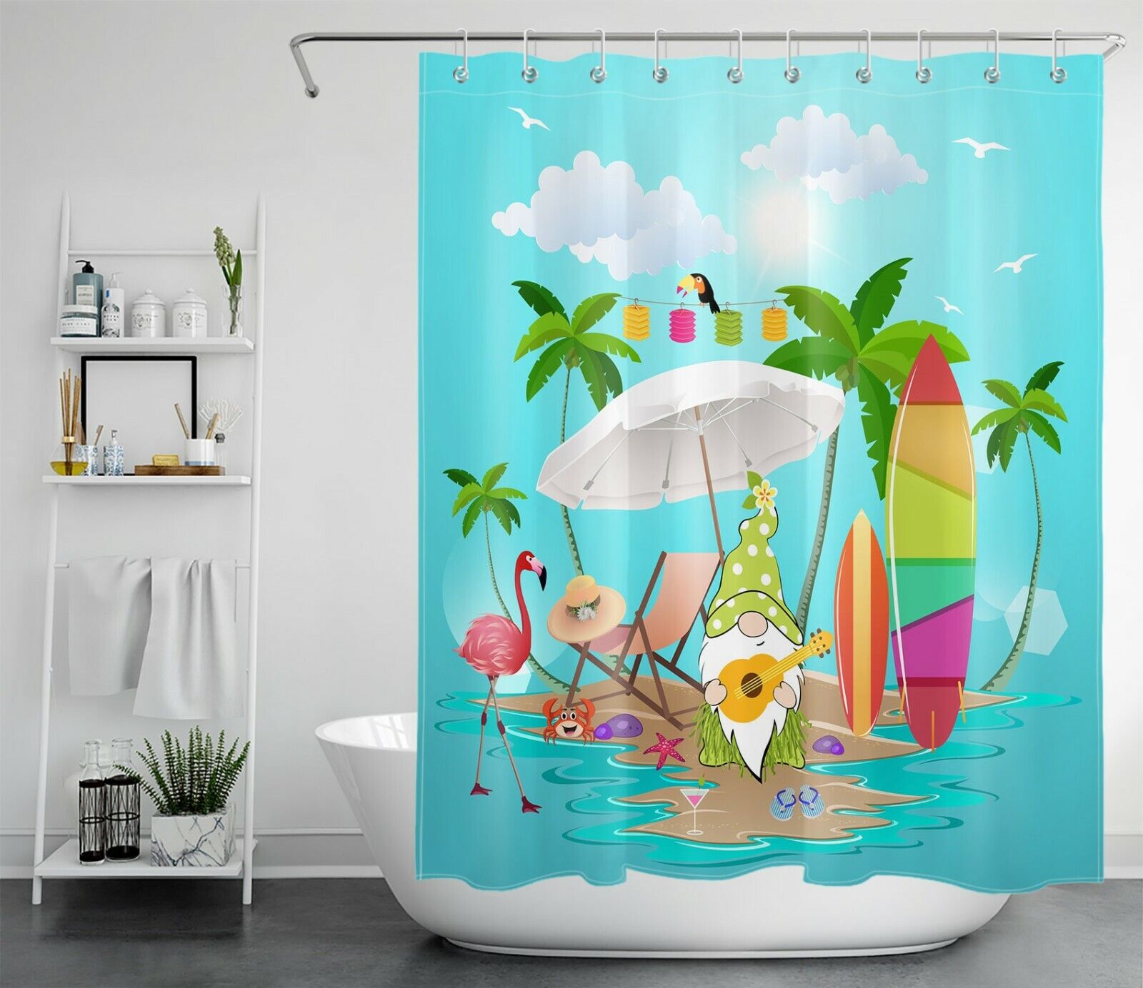 Cartoon Gnome Beach Shower Curtain, Surfer Flamingo And Palm Trees Bathroom Decor