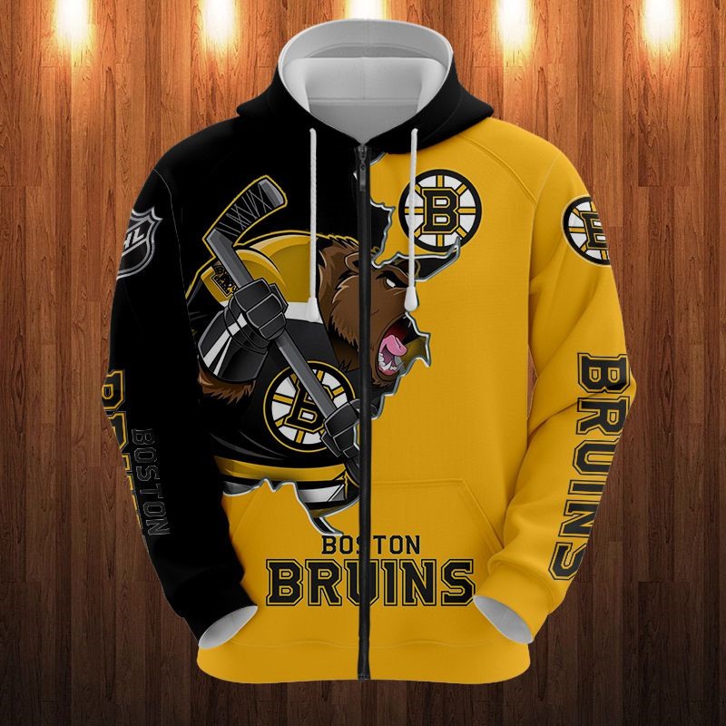 Cartoon Graphic All Over Print Boston Bruins Hoodie 3D Zip Hoodie For Fans