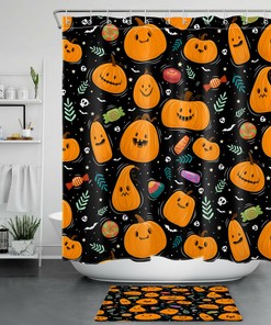 Cartoon Halloween Candy Leaves Funny Pumpkin Shower Curtain For Bathroom Decor