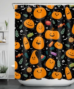 Cartoon Halloween Candy Leaves Funny Pumpkin Shower Curtain For Bathroom Decor