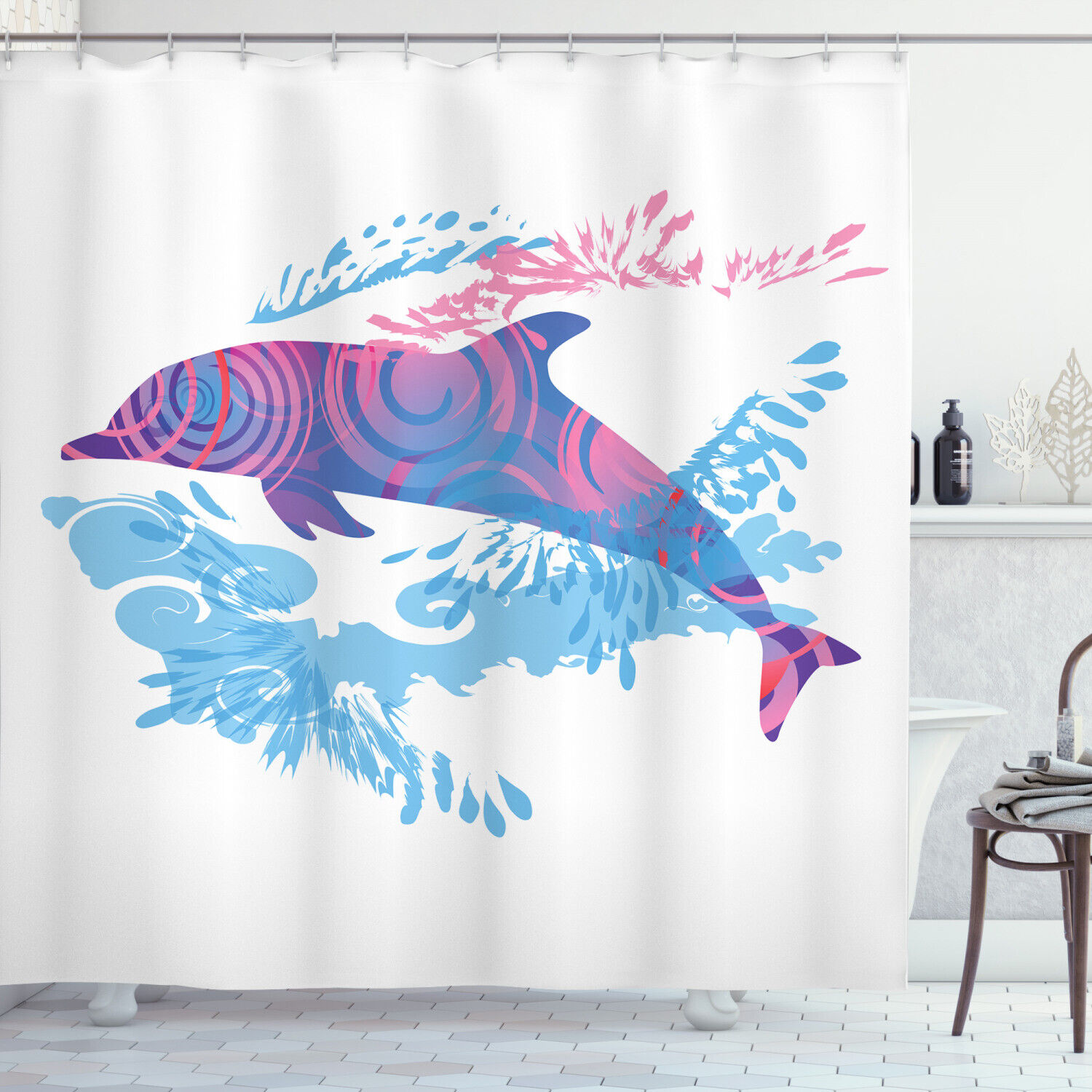 Cartoon Jumping Dolphin Print Animal Shower Curtain For Bathroom