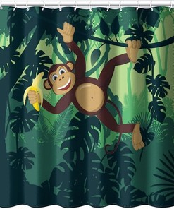 Cartoon Jungle Woodland Wildlife Monkey And Bananas Shower Curtain - Cute And Fun Animal For Bathroom Decor