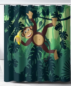 Cartoon Jungle Woodland Wildlife Monkey And Bananas Shower Curtain - Cute And Fun Animal For Bathroom Decor