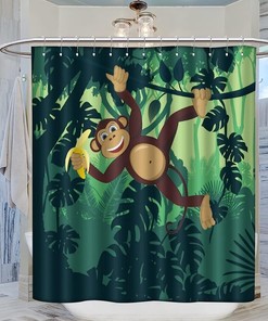 Cartoon Jungle Woodland Wildlife Monkey And Bananas Shower Curtain - Cute And Fun Animal For Bathroom Decor