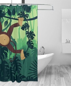 Cartoon Jungle Woodland Wildlife Monkey And Bananas Shower Curtain - Cute And Fun Animal For Bathroom Decor