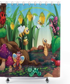 Cartoon Ladybug Butterfly Bee Shower Curtain With Garden Botany Theme