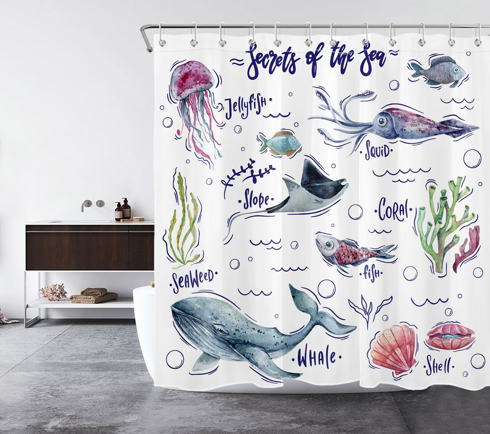 Cartoon Marine Life Jellyfish Whale Funny Shower Curtain For Bathroom Decor