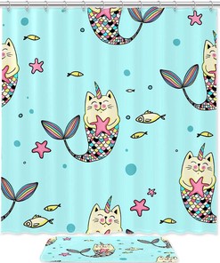 Cartoon Mermaid Blue Waterproof Shower Curtain With Cute Mermaid Print