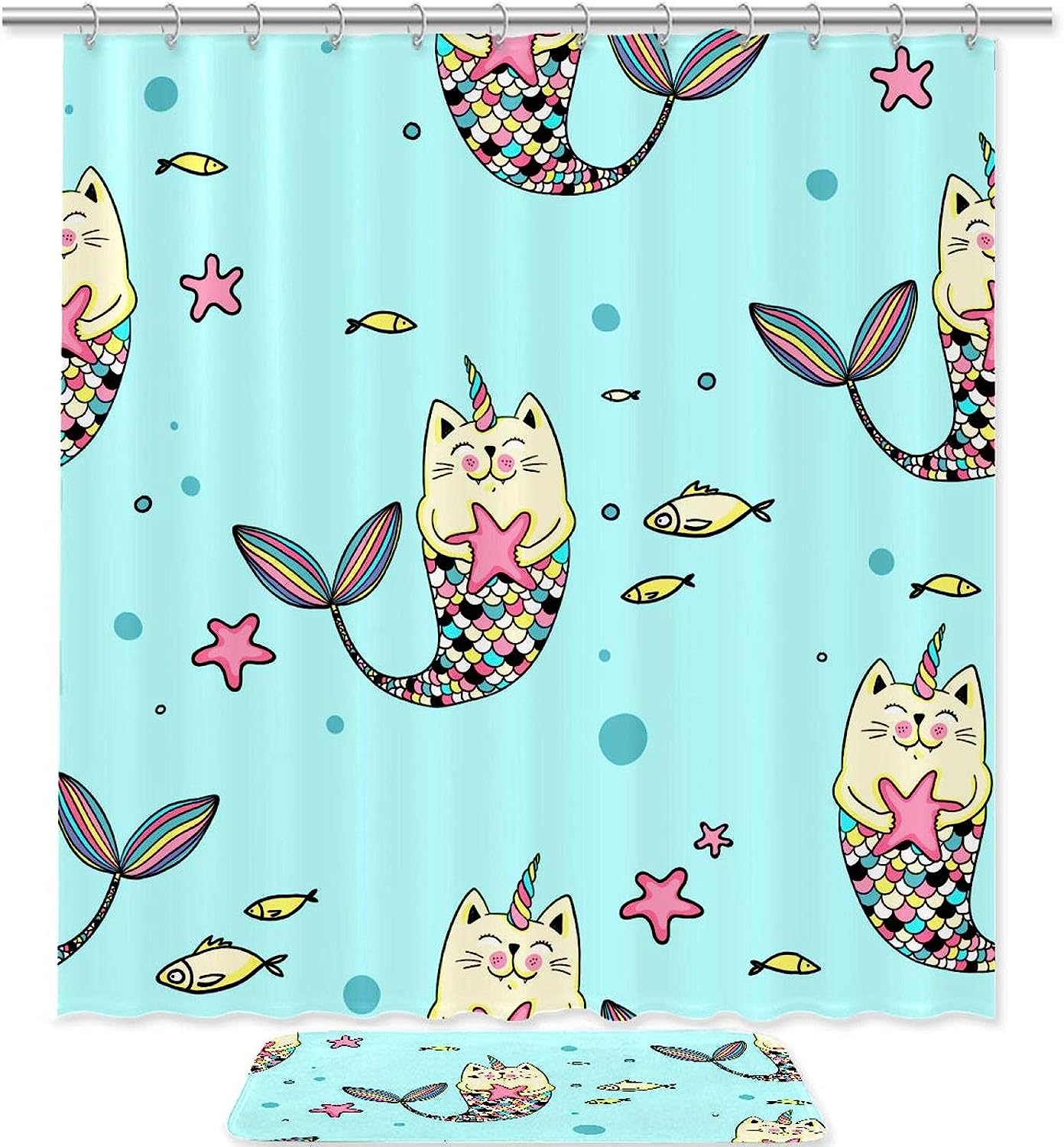 Cartoon Mermaid Blue Waterproof Shower Curtain With Cute Mermaid Print