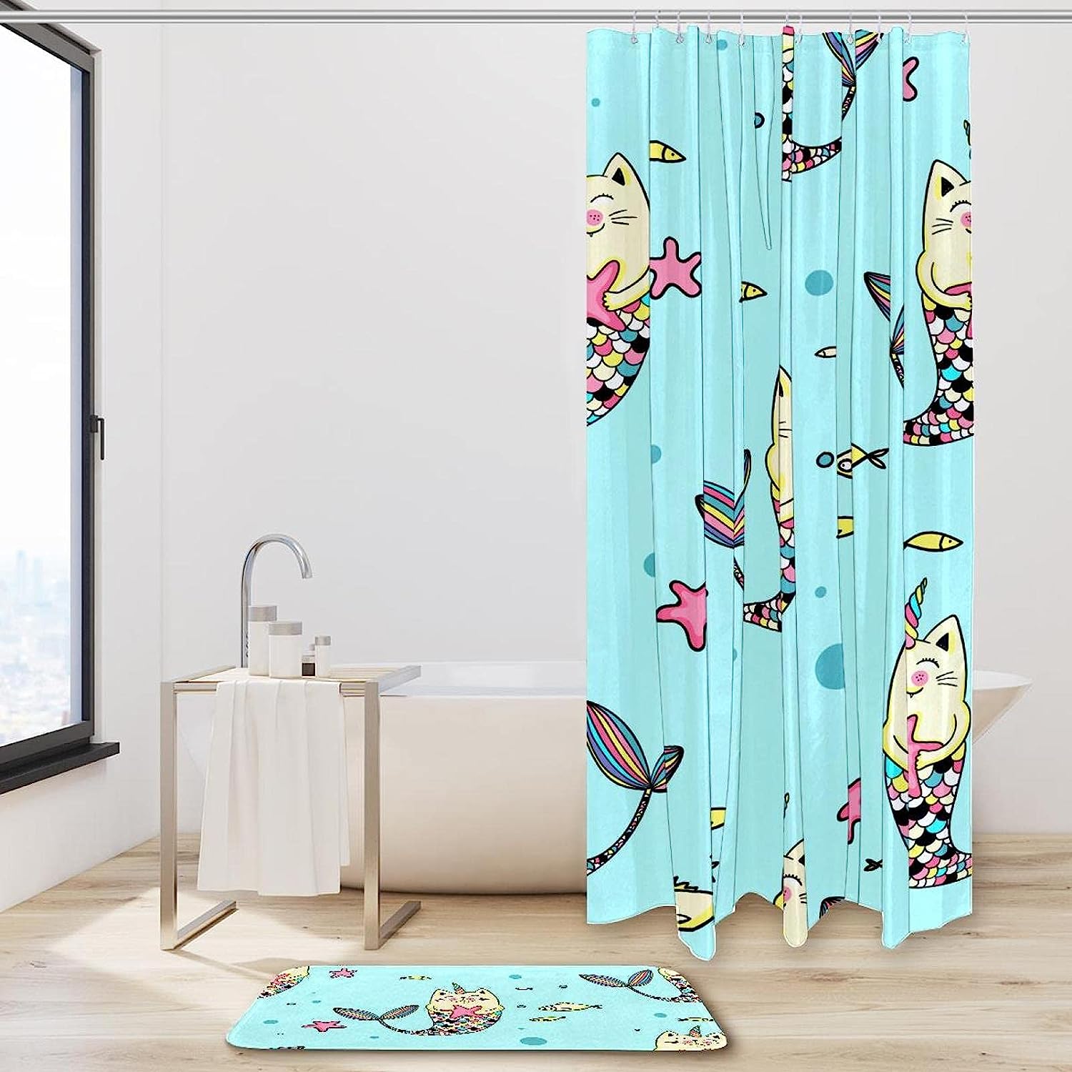 Cartoon Mermaid Blue Waterproof Shower Curtain With Cute Mermaid Print - Image 2