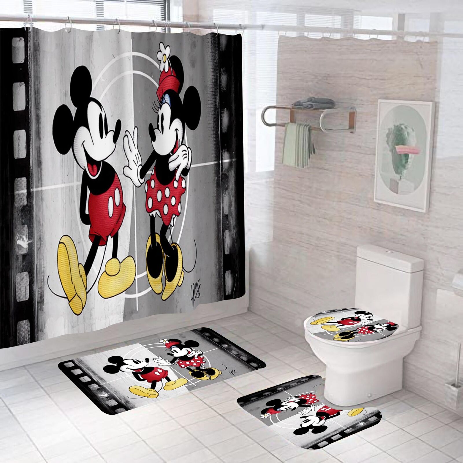 Cartoon Mickey Minnie Waterproof Shower Curtain Set For A Fun Bathroom Ambience