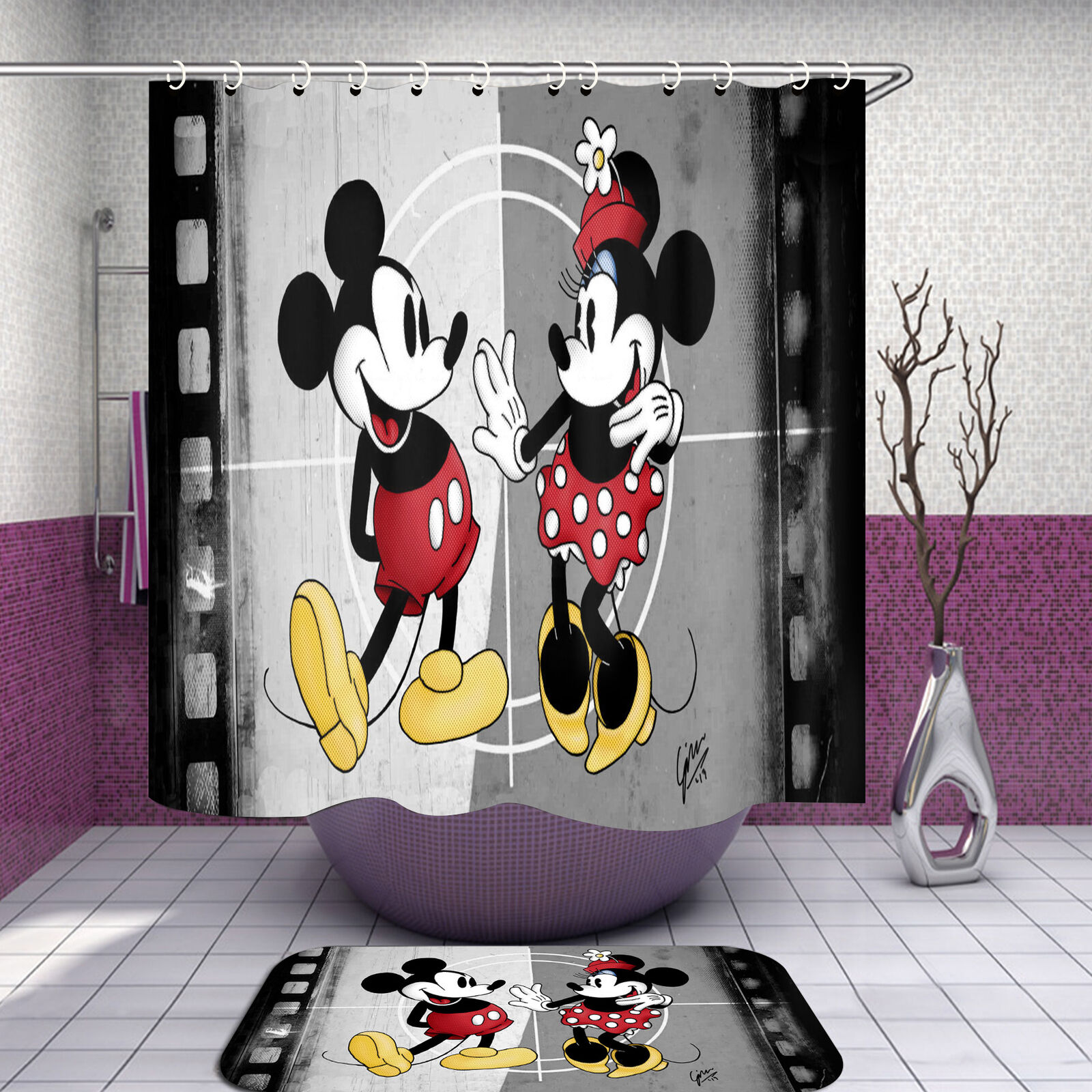 Cartoon Mickey Minnie Waterproof Shower Curtain Set For A Fun Bathroom Ambience