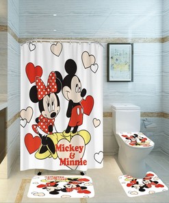 Cartoon Mickey & Minnie Waterproof Shower Curtain Set for Kids Bathroom 