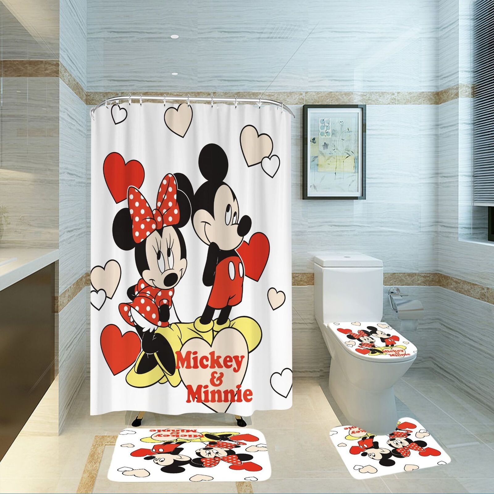Cartoon Mickey & Minnie Waterproof Shower Curtain Set for Kids Bathroom