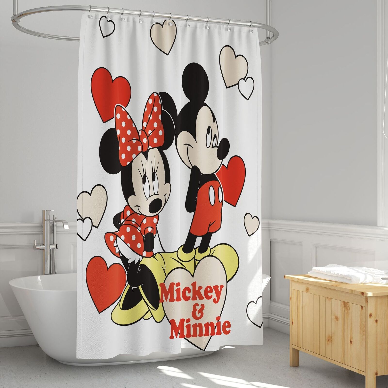 Cartoon Mickey & Minnie Waterproof Shower Curtain Set for Kids Bathroom