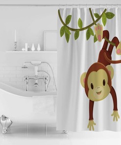 Cartoon Monkey Branch Print Shower Curtain - Waterproof Bathroom Curtain Liner