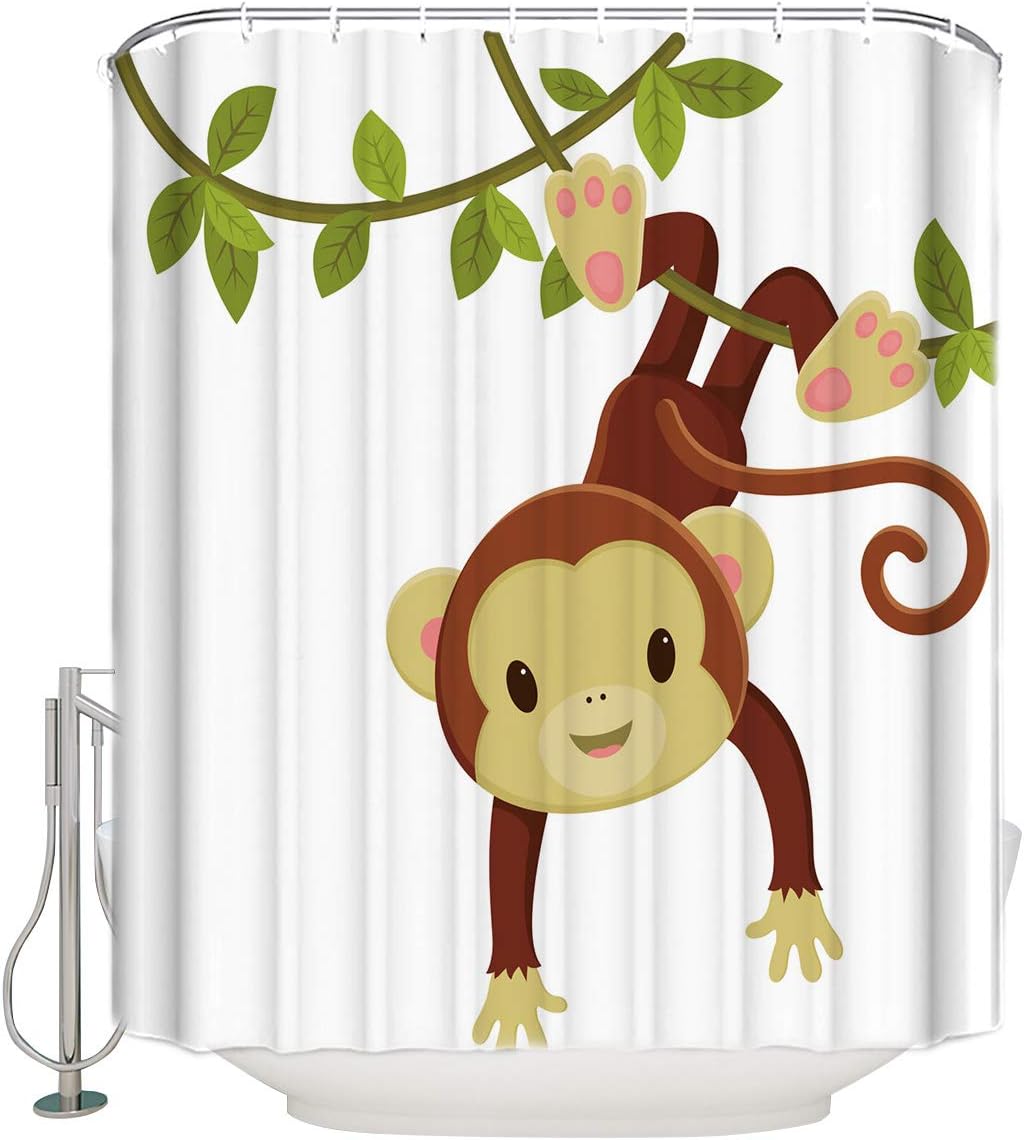 Cartoon Monkey Branch Print Shower Curtain - Waterproof Bathroom Curtain Liner