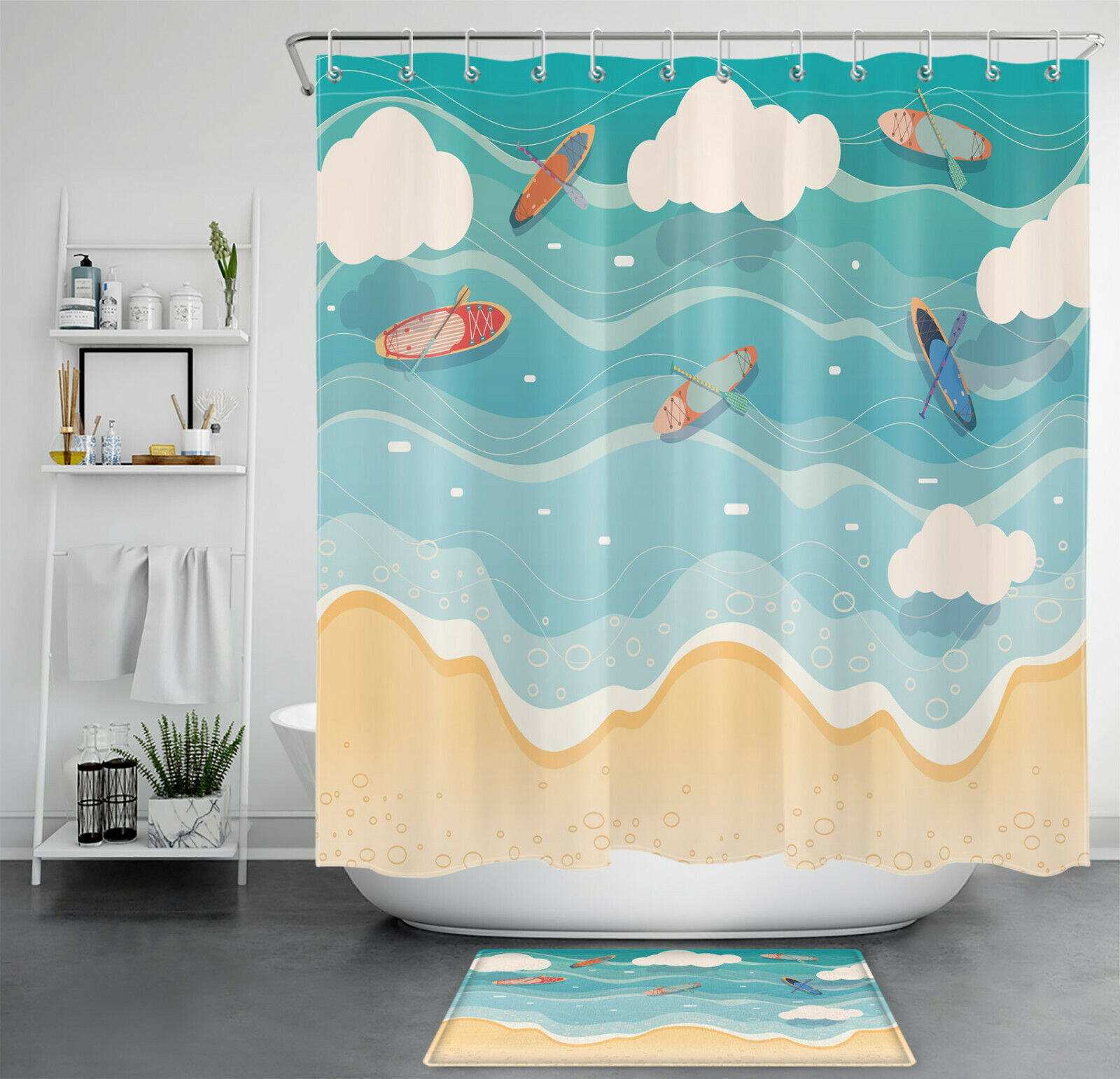 Cartoon Ocean Canoe Shower Curtain - Tropical Beach Bathroom Accessory