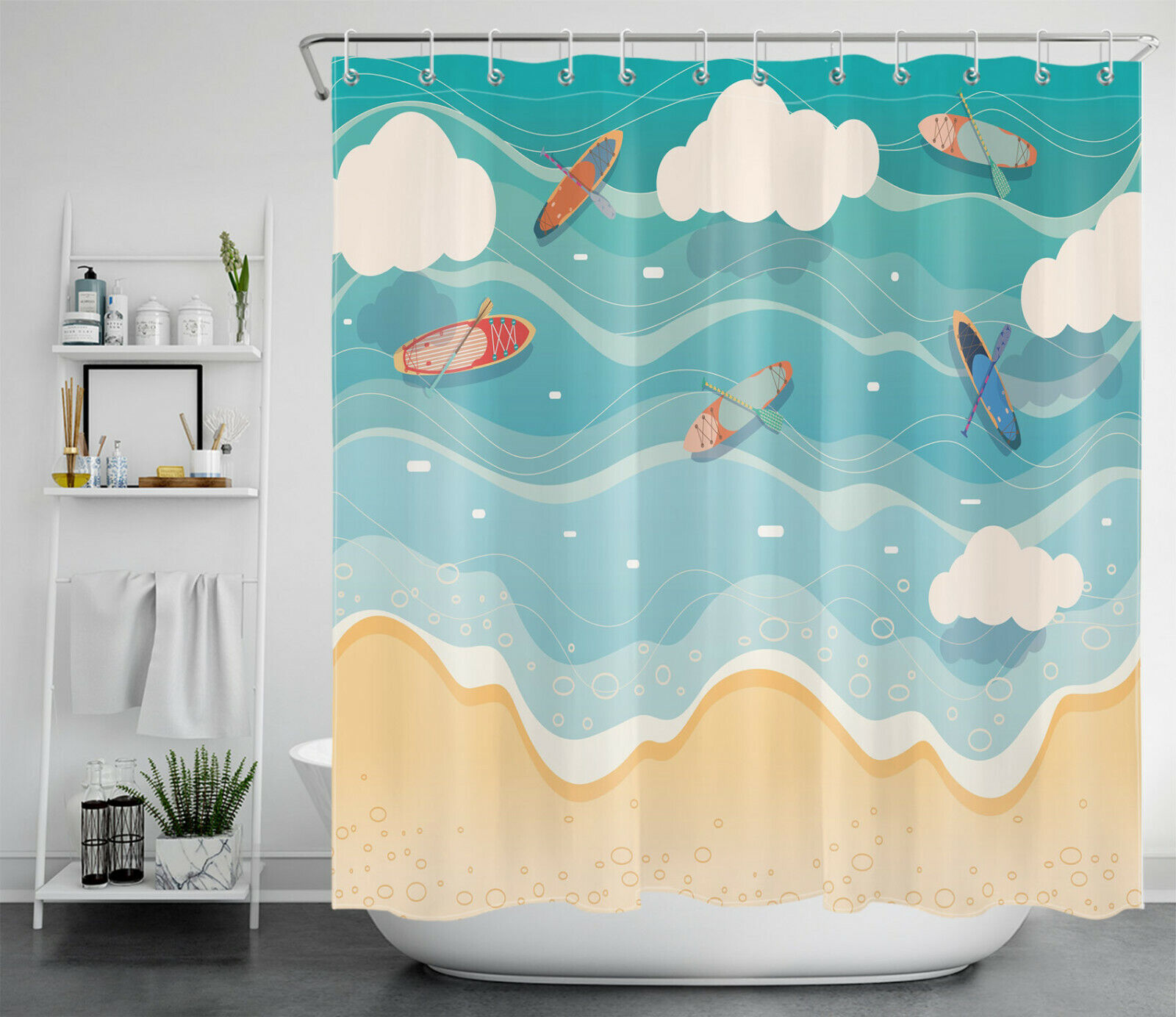 Cartoon Ocean Canoe Shower Curtain - Tropical Beach Bathroom Accessory - Image 2