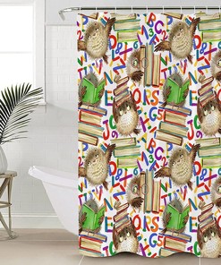 Cartoon Owl Book Print Shower Curtain for Back to School Bathroom Decor