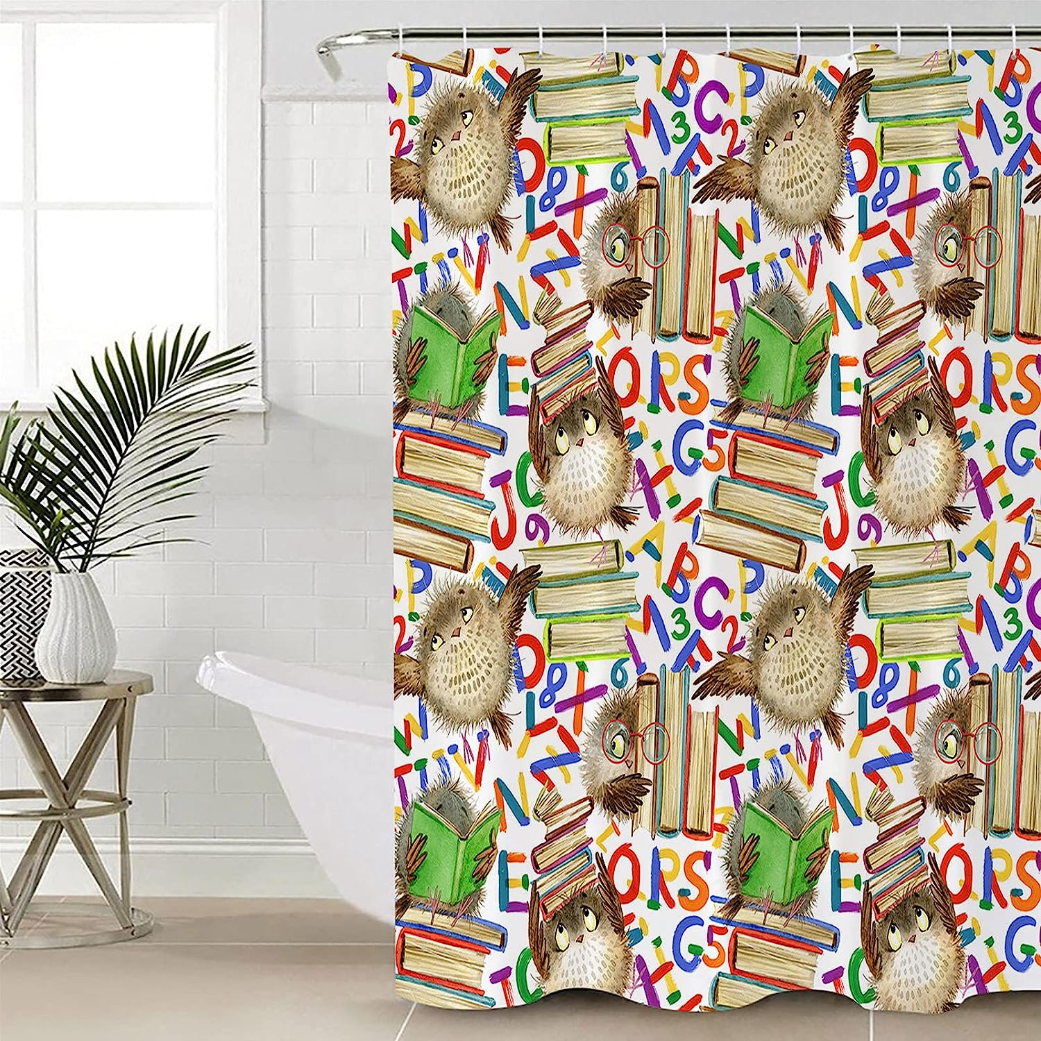 Cartoon Owl Book Print Shower Curtain for Back to School Bathroom Decor