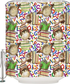 Cartoon Owl Book Print Shower Curtain for Back to School Bathroom Decor