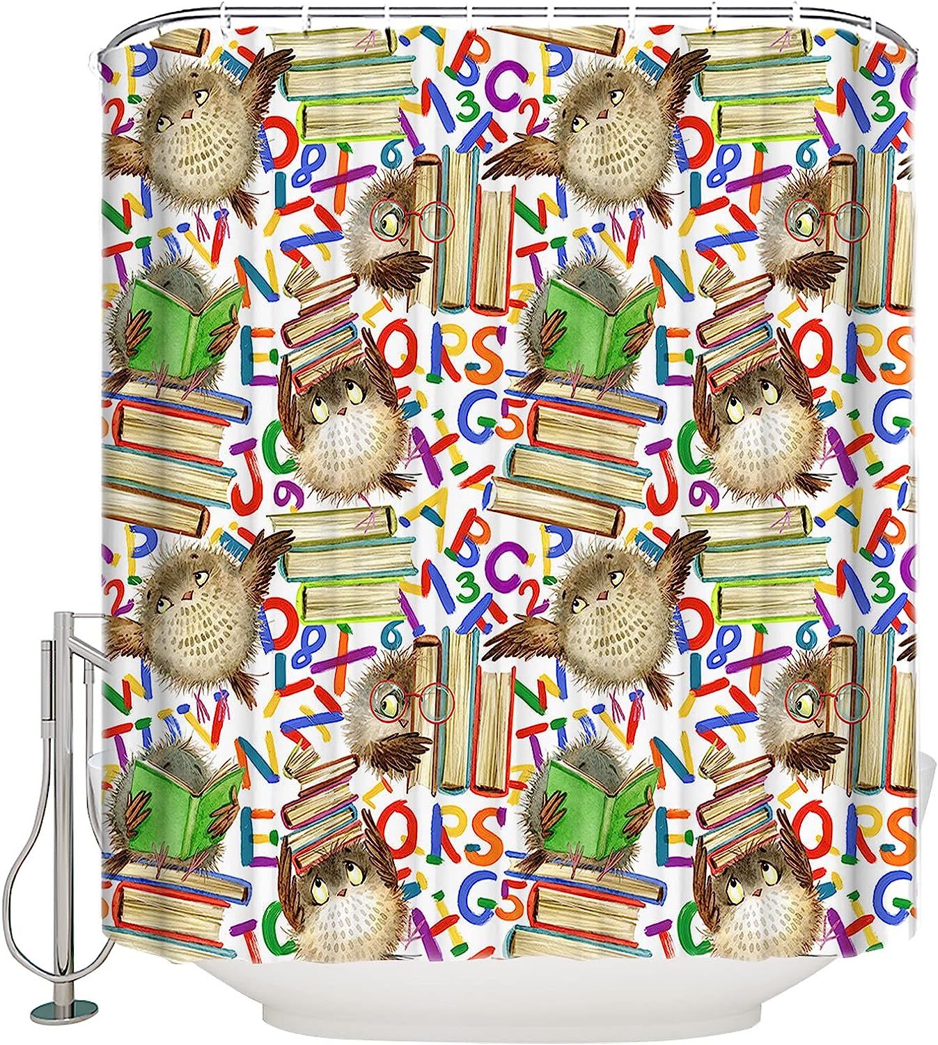 Cartoon Owl Book Print Shower Curtain for Back to School Bathroom Decor
