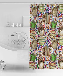 Cartoon Owl Book Print Shower Curtain for Back to School Bathroom Decor