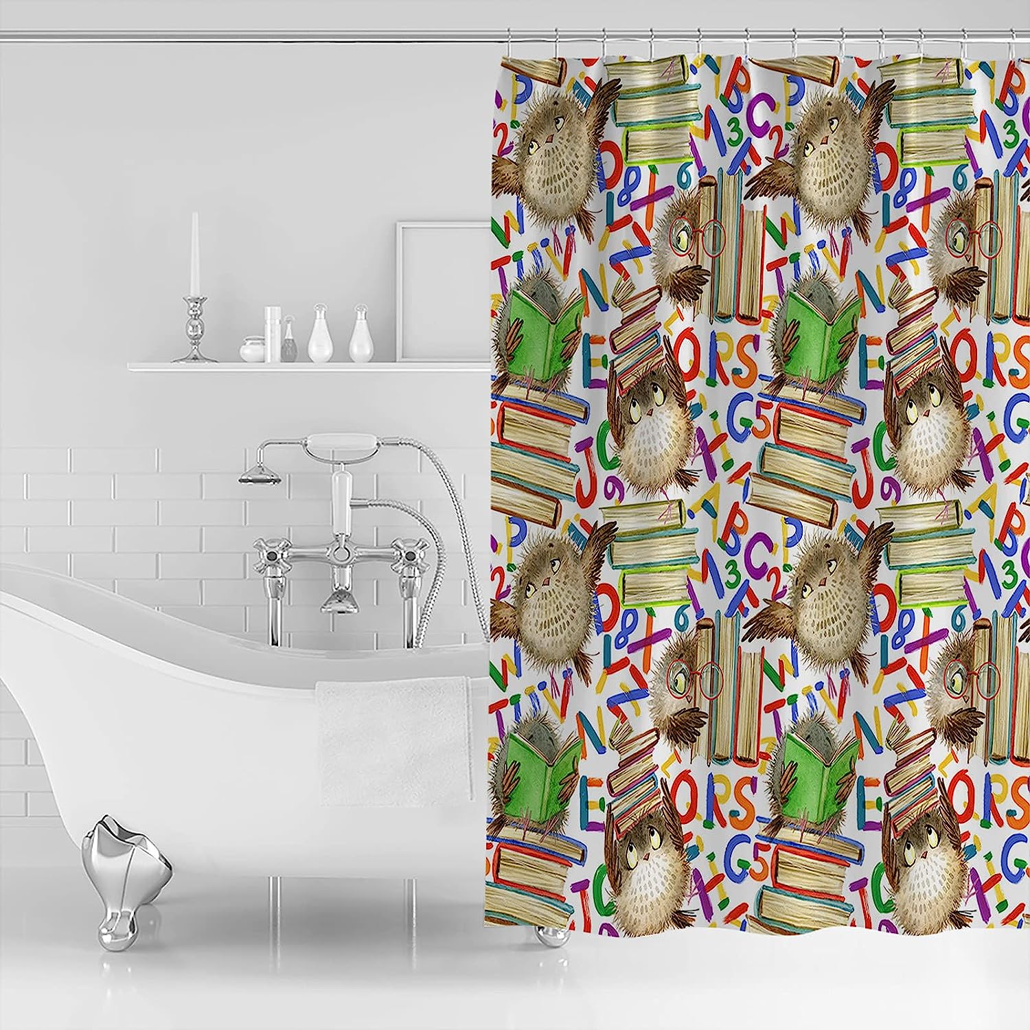 Cartoon Owl Book Print Shower Curtain for Back to School Bathroom Decor