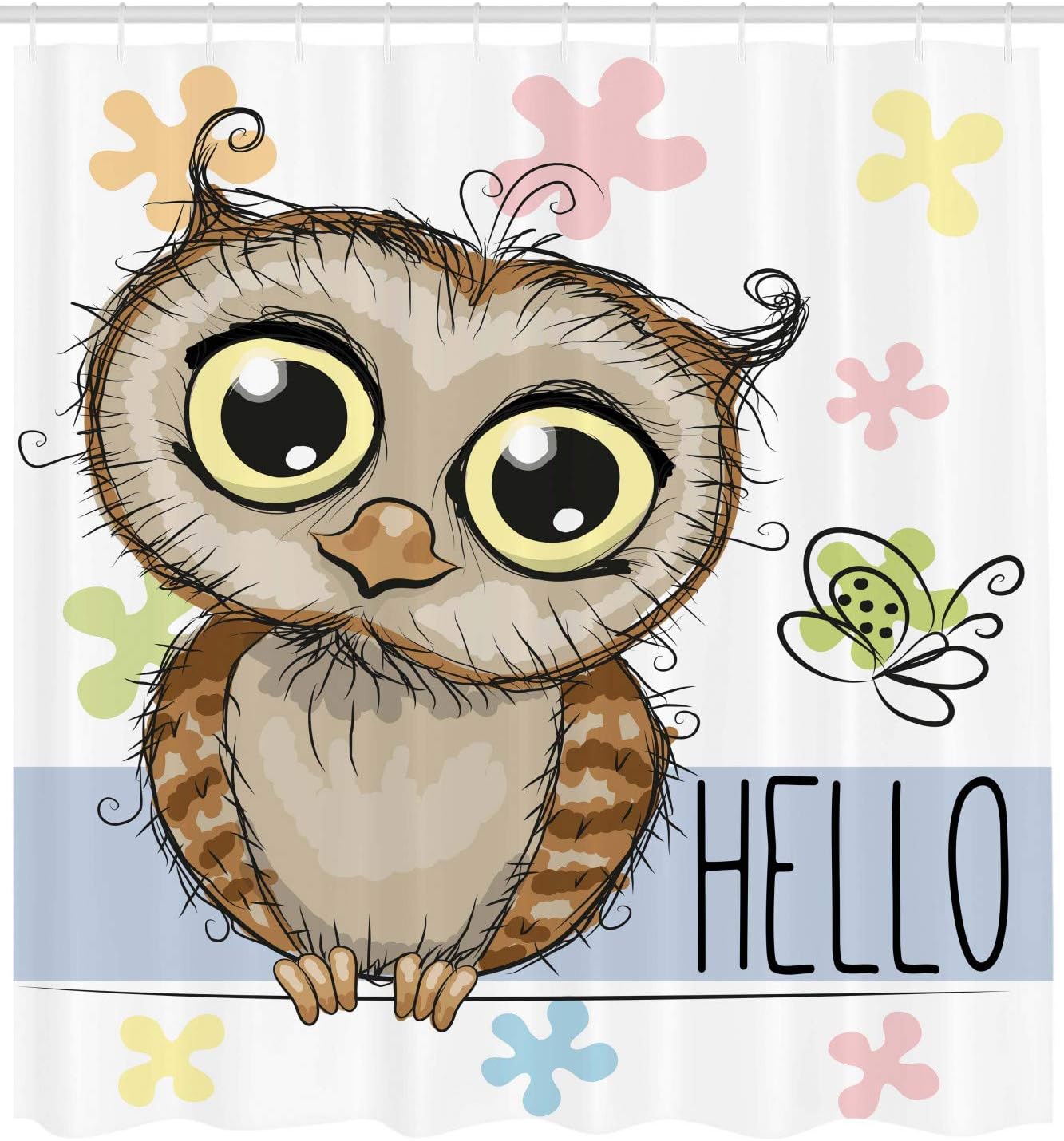 Cartoon Owl Butterfly Shower Curtain, Floral Background Illustration Print, Cloth Bathroom Decor - Image 2