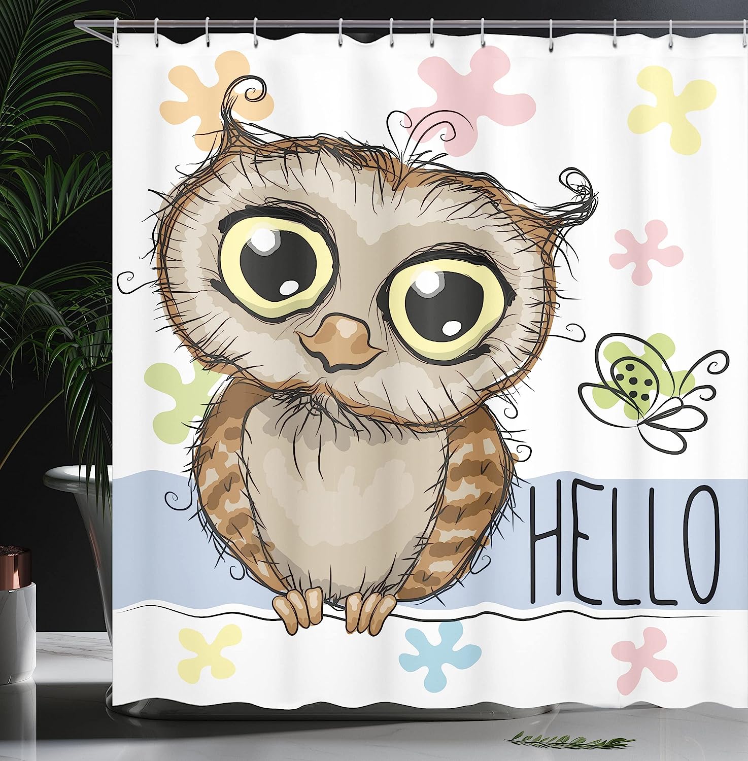 Cartoon Owl Butterfly Shower Curtain, Floral Background Illustration Print, Cloth Bathroom Decor - Image 3
