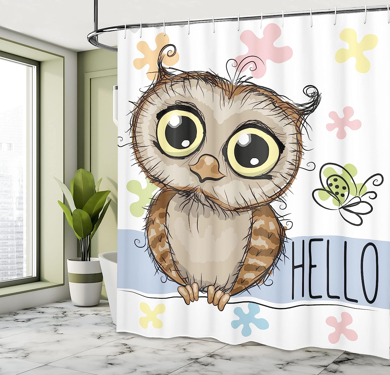 Cartoon Owl Butterfly Shower Curtain, Floral Background Illustration Print, Cloth Bathroom Decor - Image 4
