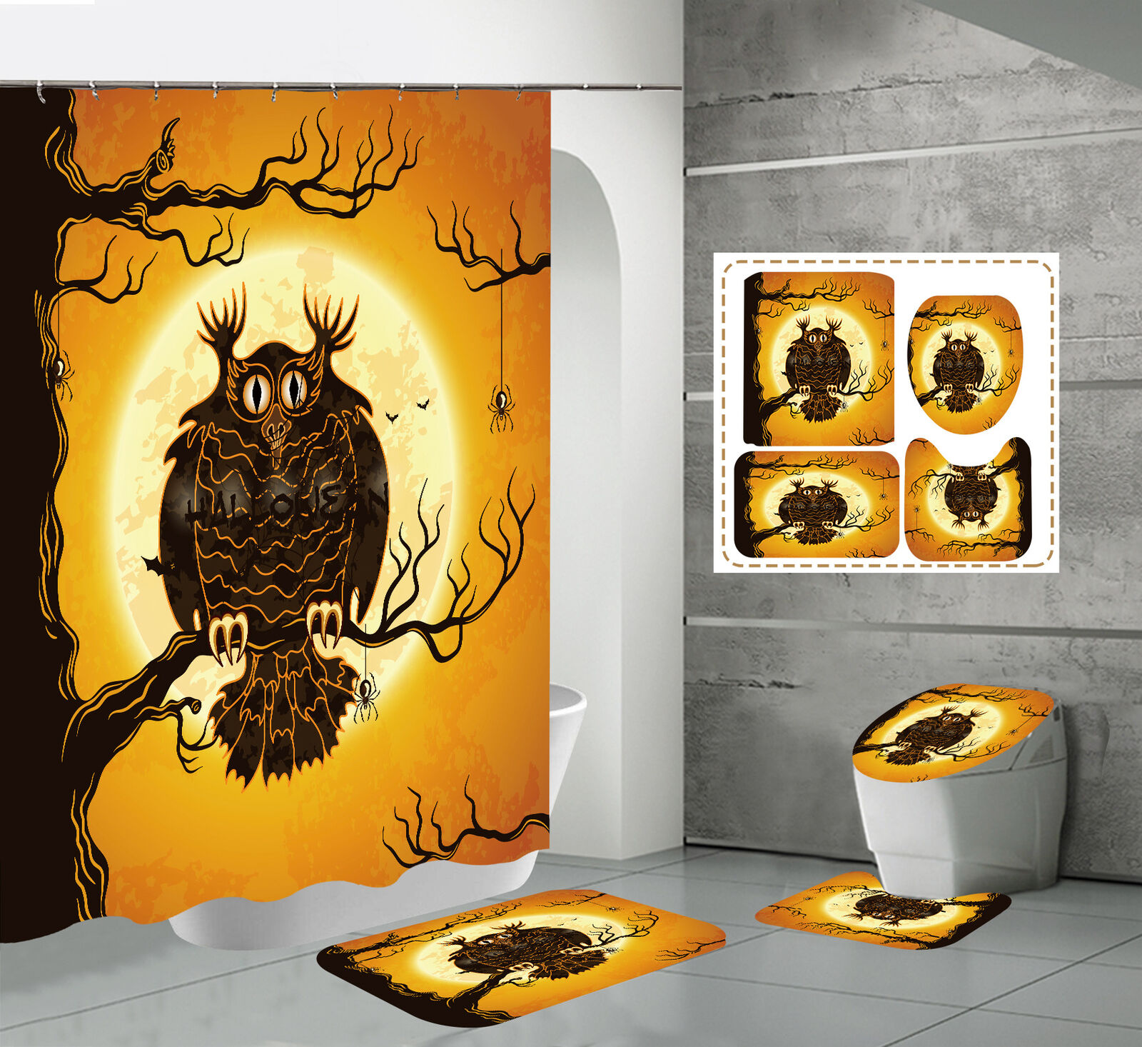 Cartoon Owl Halloween Shower Curtain Set - Cute And Spooky Design